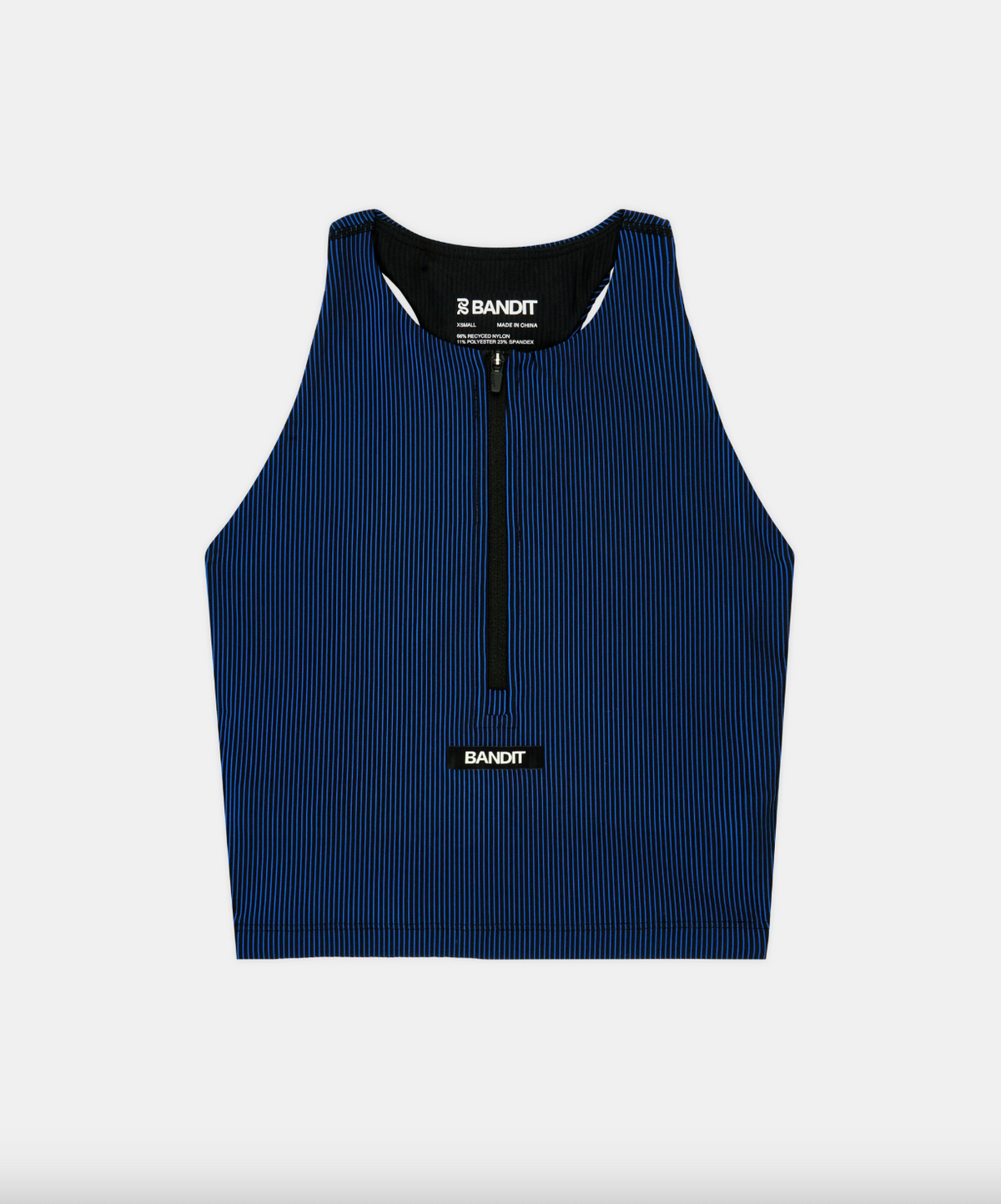 WOMEN STRIPED CADENCE ZIP FRONT T-BACK RACE CROP - BLACK / BAUHAUS BLUE