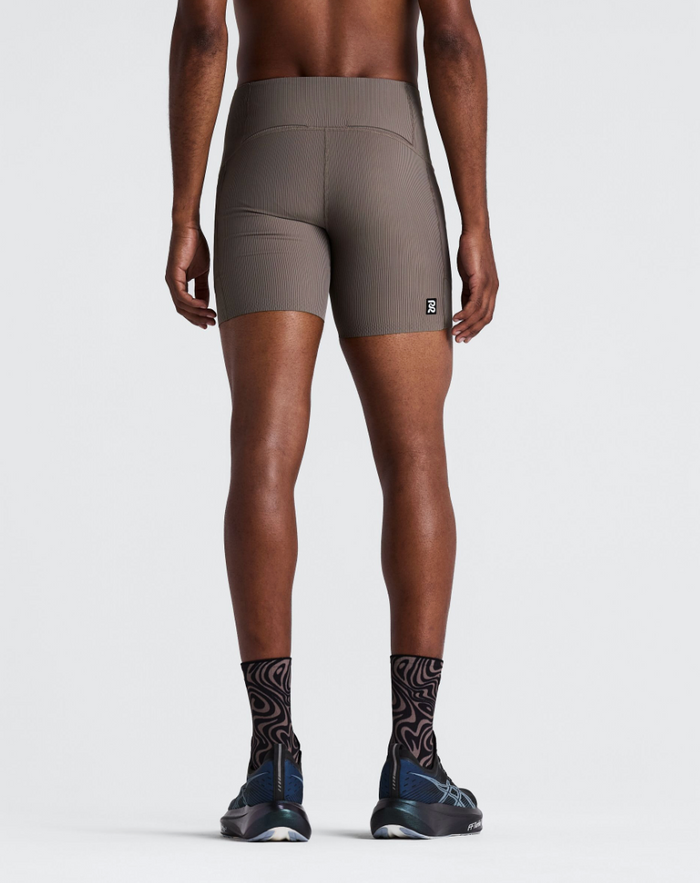 MEN STRIPED CADENCE QUARTER TIGHTS - CONCRETE TAUPE / COCOA