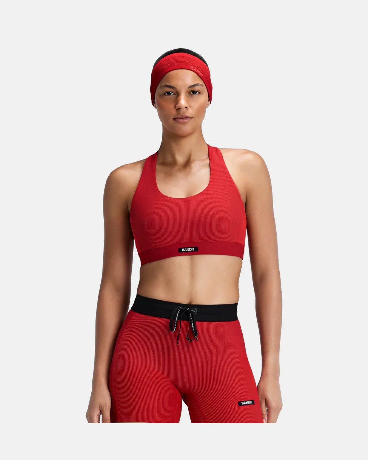 WOMEN STRIPED CADENCE SCOOP NECK T-BACK RUN BRA - OXIDE RED / SIGNAL RED